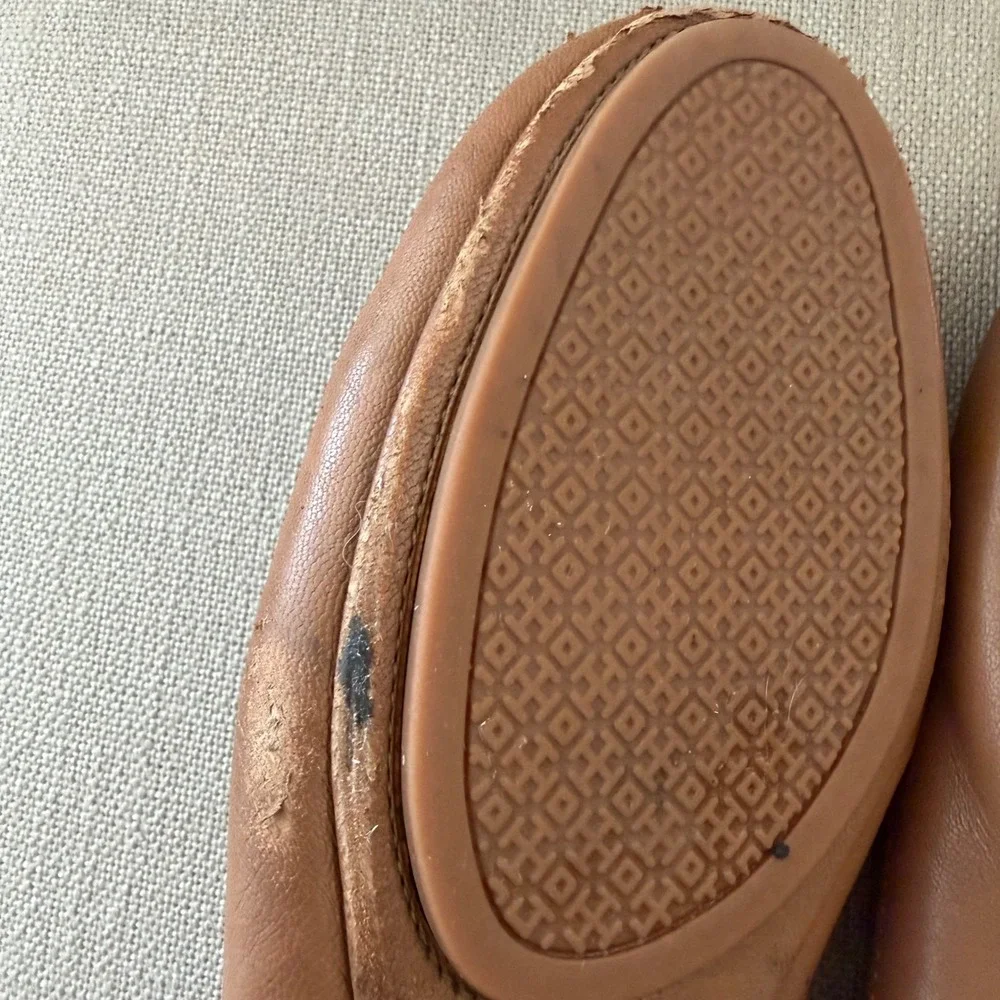 Tory Burch‎ Minnie Travel Ballet Flats Tan Leather Gold Logo 50393 Womens 8.5M